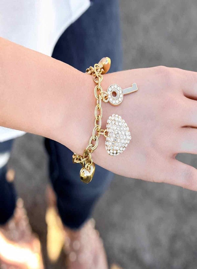 SILANER Gold Chain Link Bracelet - 7"+ 2" Extender 14K Gold Plated Love Locked Bracelets for Women,with Crystal, Love Heart,Key, Lock, Charm Bracelet - Image 3